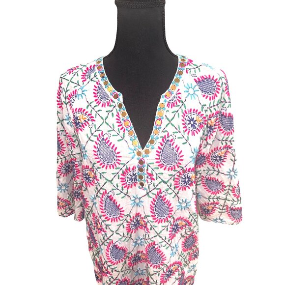 Lula Soul White Multicolor Embroidered Cottton Boho Peasent Dress Sequin Tassel - Picture 2 of 12